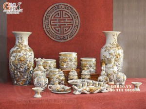 Bộ đồ thờ Như Ý Cát Tường men rạn đắp nổi Rồng vẽ vàng 24k - 04