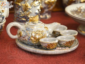 Bộ đồ thờ Như Ý Cát Tường men rạn đắp nổi Rồng vẽ vàng 24k - 04