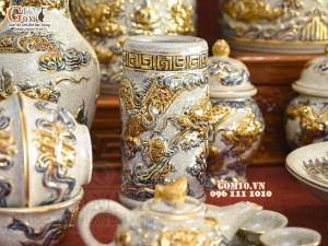 Bộ đồ thờ Như Ý Cát Tường men rạn đắp nổi Rồng vẽ vàng 24k - 04