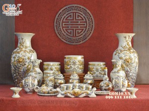 Bộ đồ thờ Như Ý Cát Tường men rạn đắp nổi Rồng vẽ vàng 24k - 04