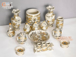 Bộ đồ thờ Như Ý Cát Tường men rạn đắp nổi Rồng vẽ vàng 24k - 05