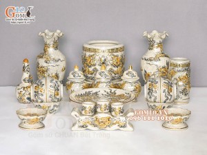 Bộ đồ thờ Như Ý Cát Tường men rạn đắp nổi Rồng vẽ vàng 24k - 05