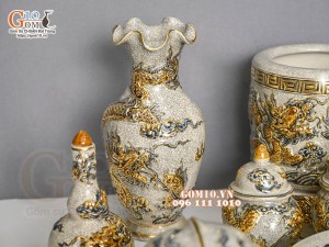Bộ đồ thờ Như Ý Cát Tường men rạn đắp nổi Rồng vẽ vàng 24k - 05