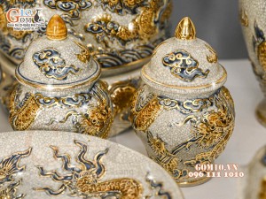 Bộ đồ thờ Như Ý Cát Tường men rạn đắp nổi Rồng vẽ vàng 24k - 05
