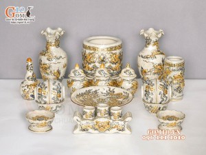 Bộ đồ thờ Như Ý Cát Tường men rạn đắp nổi Rồng vẽ vàng 24k - 05