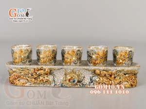 Bộ đồ thờ Như Ý Cát Tường men rạn đắp nổi, vẽ vàng 24k