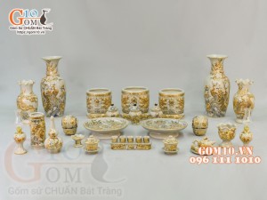 Bộ đồ thờ Như Ý Cát Tường men rạn đắp nổi, vẽ vàng 24k