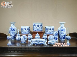 Bộ đồ thờ Như Ý Cát Tường men lam cổ cao cấp 03