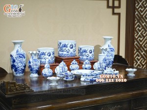 Bộ đồ thờ Như Ý Cát Tường men lam cổ cao cấp 04