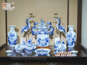 Bộ đồ thờ Như Ý Cát Tường men lam cổ cao cấp 02, cả đỉnh hạc