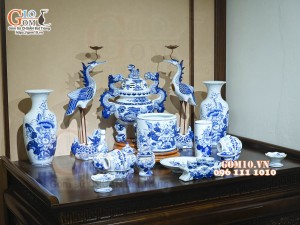 Bộ đồ thờ Như Ý Cát Tường men lam cổ cao cấp 02, cả đỉnh hạc