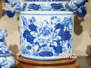 Bộ đồ thờ Như Ý Cát Tường men lam cổ cao cấp 02, cả đỉnh hạc