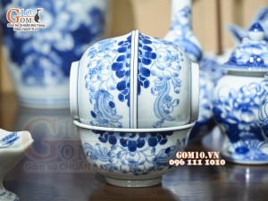 Bộ đồ thờ Như Ý Cát Tường men lam cổ cao cấp 02, cả đỉnh hạc