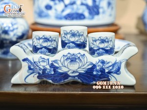 Bộ đồ thờ Như Ý Cát Tường men lam cổ cao cấp 02, cả đỉnh hạc