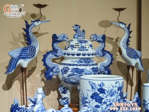 Bộ đồ thờ Như Ý Cát Tường men lam cổ cao cấp 02, cả đỉnh hạc