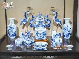 Bộ đồ thờ Như Ý Cát Tường men lam cổ cao cấp 02, cả đỉnh hạc