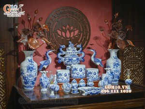 Bộ đồ thờ Như Ý Cát Tường men lam cổ cao cấp 05, cả đỉnh hạc