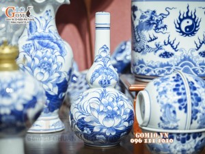 Bộ đồ thờ Như Ý Cát Tường men lam cổ cao cấp 05, cả đỉnh hạc