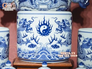 Bộ đồ thờ Như Ý Cát Tường men lam cổ cao cấp 05, cả đỉnh hạc