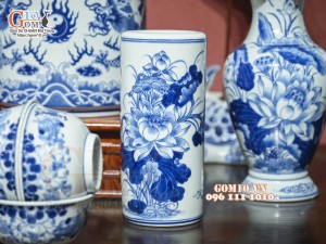 Bộ đồ thờ Như Ý Cát Tường men lam cổ cao cấp 05, cả đỉnh hạc