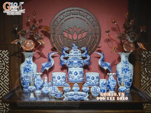 Bộ đồ thờ Như Ý Cát Tường men lam cổ cao cấp 05, cả đỉnh hạc