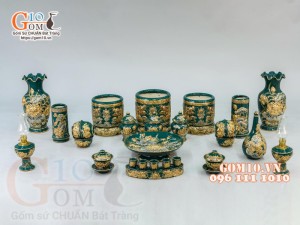 Bộ đồ thờ Phú Quý đắp nổi, Xanh lục bảo - vẽ vàng 24k