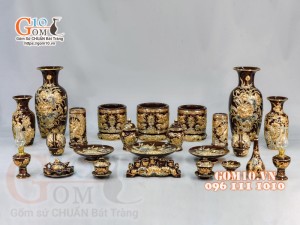 Bộ đồ thờ Phú Quý Tài Lộc đắp nổi, màu nâu - vẽ vàng 24k