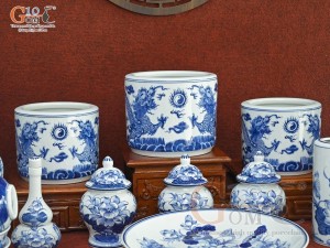 Bộ đồ thờ Phú Quý Tài Lộc men lam cổ, cao cấp 002