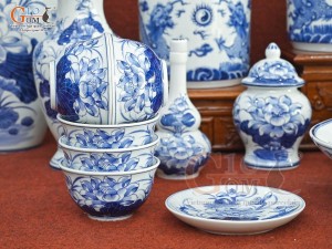 Bộ đồ thờ Phú Quý Tài Lộc men lam cổ, cao cấp 002