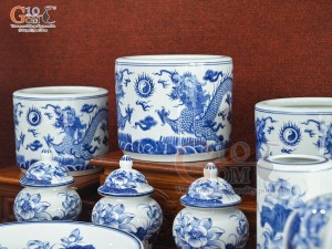 Bộ đồ thờ Phú Quý Tài Lộc men lam cổ, cao cấp 002