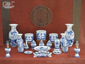 Bộ đồ thờ Phú Quý Tài Lộc men lam cổ, cao cấp 002