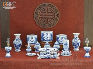 Bộ đồ thờ Phú Quý Tài Lộc men lam cổ, cao cấp 003