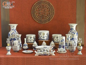 Bộ đồ thờ Phú Quý Tài Lộc men lam cổ vẽ vàng 24k cao cấp 002