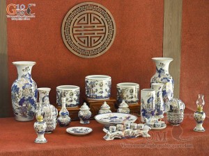 Bộ đồ thờ Phú Quý Tài Lộc men lam cổ vẽ vàng 24k cao cấp 002