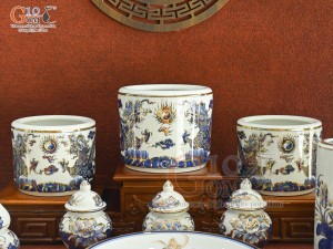 Bộ đồ thờ Phú Quý Tài Lộc men lam cổ vẽ vàng 24k cao cấp 002