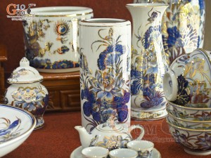 Bộ đồ thờ Phú Quý Tài Lộc men lam cổ vẽ vàng 24k cao cấp 002