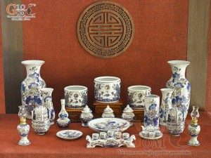 Bộ đồ thờ Phú Quý Tài Lộc men lam cổ vẽ vàng 24k cao cấp 002