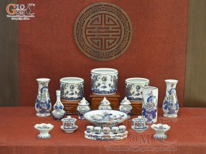 Bộ đồ thờ Phú Quý Tài Lộc men lam cổ vẽ vàng 24k cao cấp 003