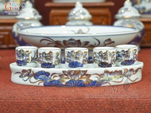 Bộ đồ thờ Phú Quý Tài Lộc men lam cổ vẽ vàng 24k cao cấp 003