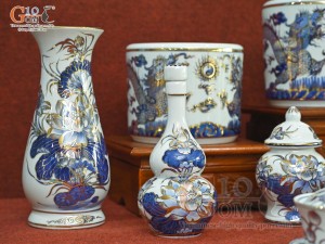 Bộ đồ thờ Phú Quý Tài Lộc men lam cổ vẽ vàng 24k cao cấp 003