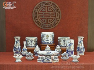 Bộ đồ thờ Phú Quý Tài Lộc men lam cổ vẽ vàng 24k cao cấp 003