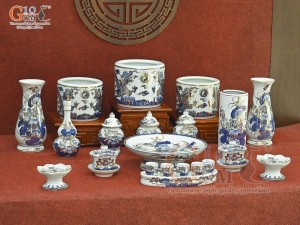 Bộ đồ thờ Phú Quý Tài Lộc men lam cổ vẽ vàng 24k cao cấp 003