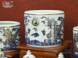 Bộ đồ thờ Phú Quý Tài Lộc men lam cổ vẽ vàng 24k cao cấp 003