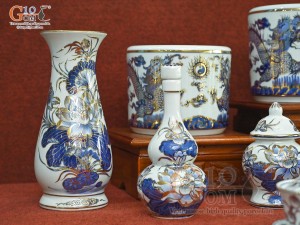 Bộ đồ thờ Phú Quý Tài Lộc men lam cổ vẽ vàng 24k cao cấp 003