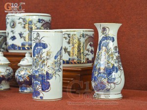 Bộ đồ thờ Phú Quý Tài Lộc men lam cổ vẽ vàng 24k cao cấp 003