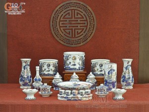 Bộ đồ thờ Phú Quý Tài Lộc men lam cổ vẽ vàng 24k cao cấp 003