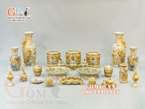 Bộ đồ thờ Phú Quý Tài Lộc men rạn đắp nổi, vẽ vàng 24k