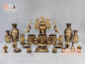 Bộ đồ thờ Phúc Lộc Thọ đắp nổi, màu nâu - vẽ vàng 24k