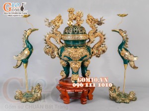 Bộ đồ thờ Phúc Lộc Thọ đắp nổi, Xanh lục bảo - vẽ vàng 24k