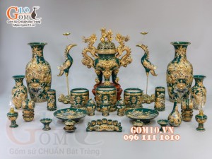 Bộ đồ thờ Phúc Lộc Thọ đắp nổi, Xanh lục bảo - vẽ vàng 24k